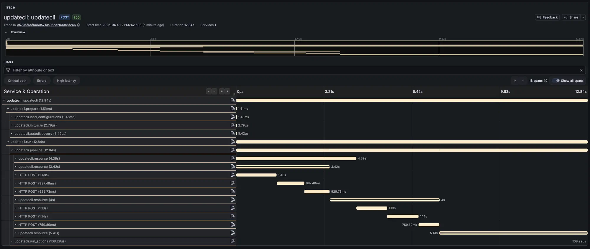 Updatecli trace in Grafana Tempo